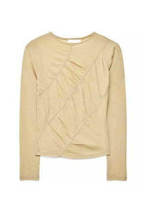Beige top met lange mouwen, diagonale geplooide panelen en ronde halslijn, gemaakt van zacht, gestructureerd stof.