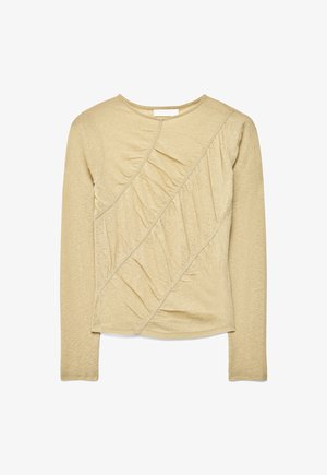 Beige top met lange mouwen, diagonale geplooide panelen en ronde halslijn, gemaakt van zacht, gestructureerd stof.
