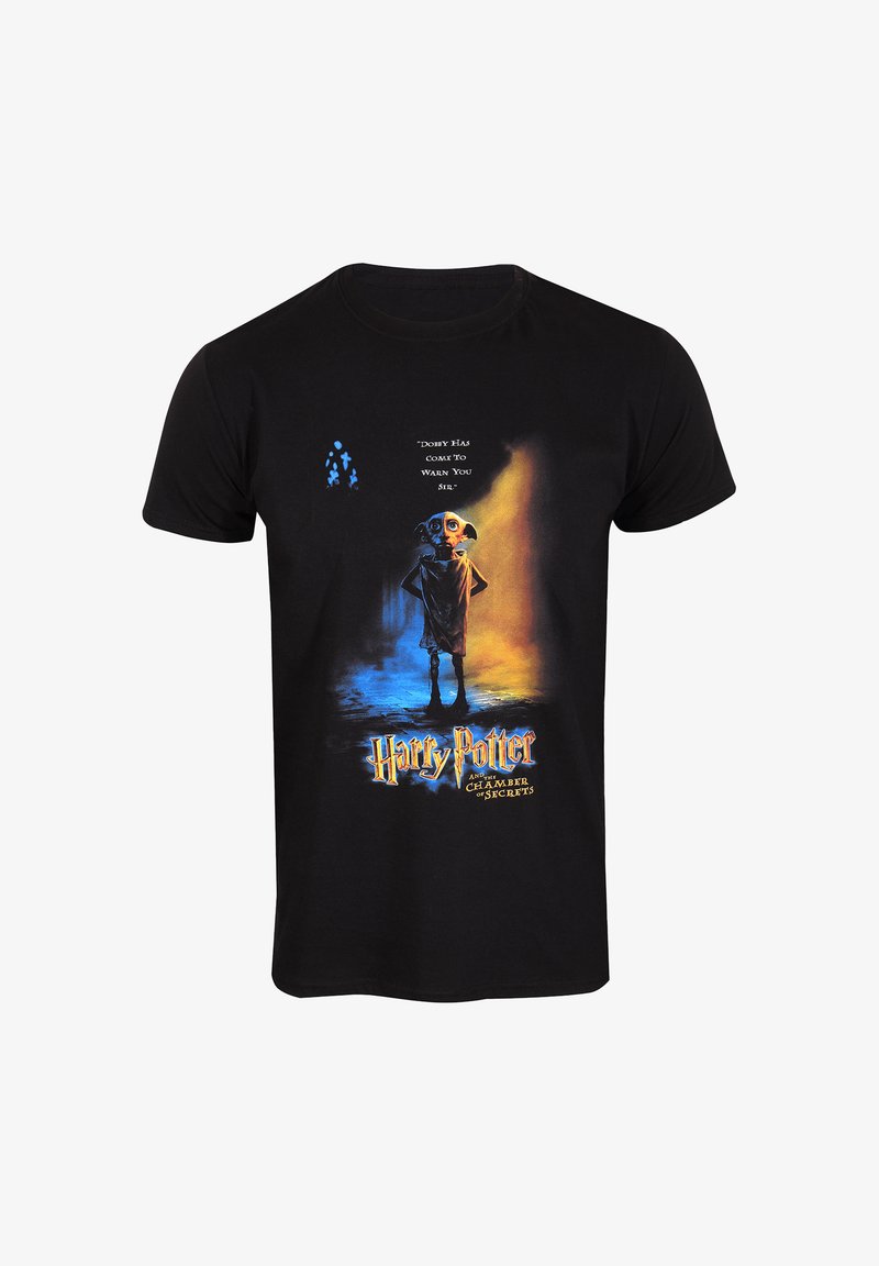 Černé bavlněné tričko s barevným grafikou Dobbyho a textem "Dobby přišel, aby vás varoval, pane" z Harryho Pottera.