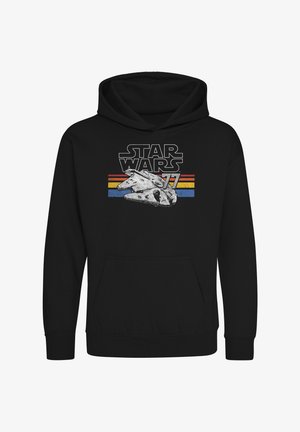 Sudadera negra con la palabra "STAR WARS", una gráfica del Halcón Milenario y rayas de colores en rojo, amarillo y azul.
