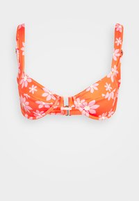 Top de biquíni floral laranja com padrões de margaridas cor-de-rosa. Apresenta alças ajustáveis e um fecho frontal com um clasp prateado. Textura suave.