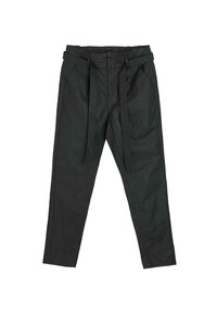 Ciemnozielone bawełniane spodnie o luźnym kroju, z wysokim stanem, paskami na pasek oraz kieszeniami bocznymi. Gładka tekstura i proste nogawki.