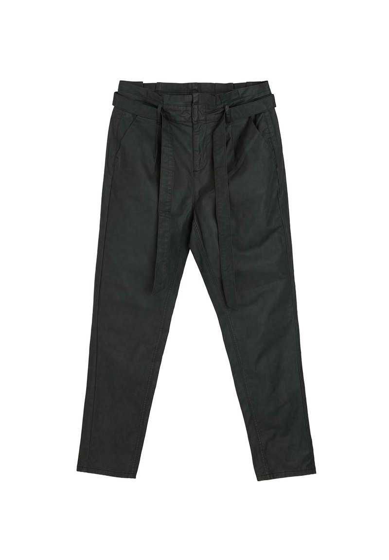 Ciemnozielone bawełniane spodnie o luźnym kroju, z wysokim stanem, paskami na pasek oraz kieszeniami bocznymi. Gładka tekstura i proste nogawki.