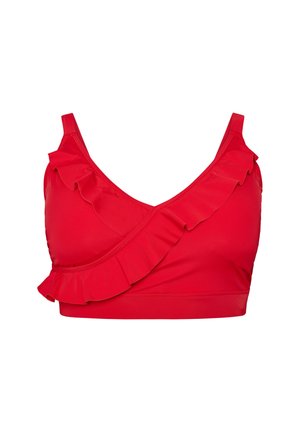 Red crop top with ruffled trim along the neckline and straps, designed for a snug fit.