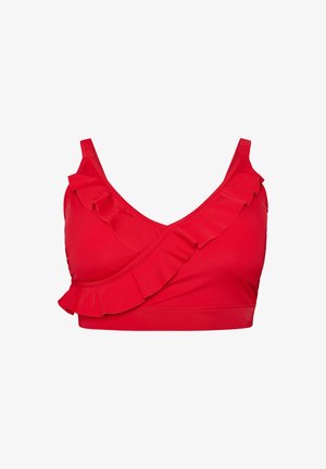 Red crop top with ruffled trim along the neckline and straps, designed for a snug fit.