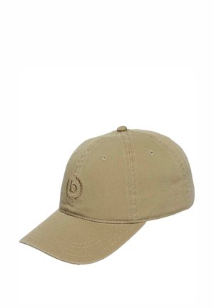 Beige Baumwoll-Baseballkappe mit gebogenem Schirm und gesticktem rundem Logo mit dem Buchstaben "b" auf dem vorderen linken Panel.