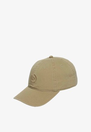 Beige cotton baseball cap with a curved brim and embroidered circular logo with letter "b" on the front left panel.