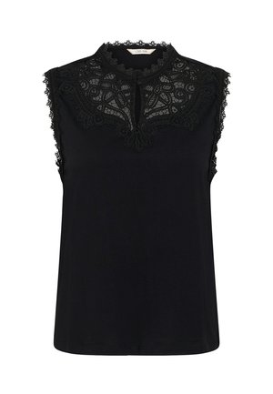 Haut noir sans manches avec un col montant présentant des détails en dentelle complexes et une petite ouverture en forme de clé à l'avant.