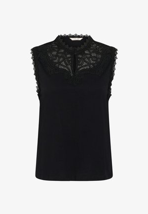 Haut noir sans manches avec un col montant présentant des détails en dentelle complexes et une petite ouverture en forme de clé à l'avant.