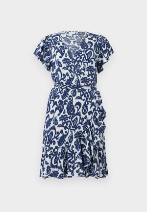 Short blue and white wrap dress with flutter sleeves, featuring a paisley pattern, ruffled hem, and belt at the waist. Lightweight fabric.