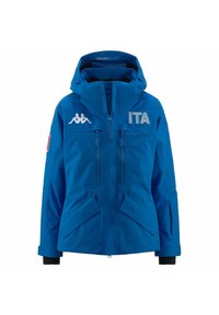 Giacca impermeabile blu con cappuccio, dotata di tasche con zip, logo "ITA" in evidenza e marchio Kappa. Tessuto testurizzato con polsini elasticizzati.