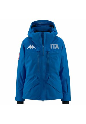 Giacca impermeabile blu con cappuccio, dotata di tasche con zip, logo "ITA" in evidenza e marchio Kappa. Tessuto testurizzato con polsini elasticizzati.