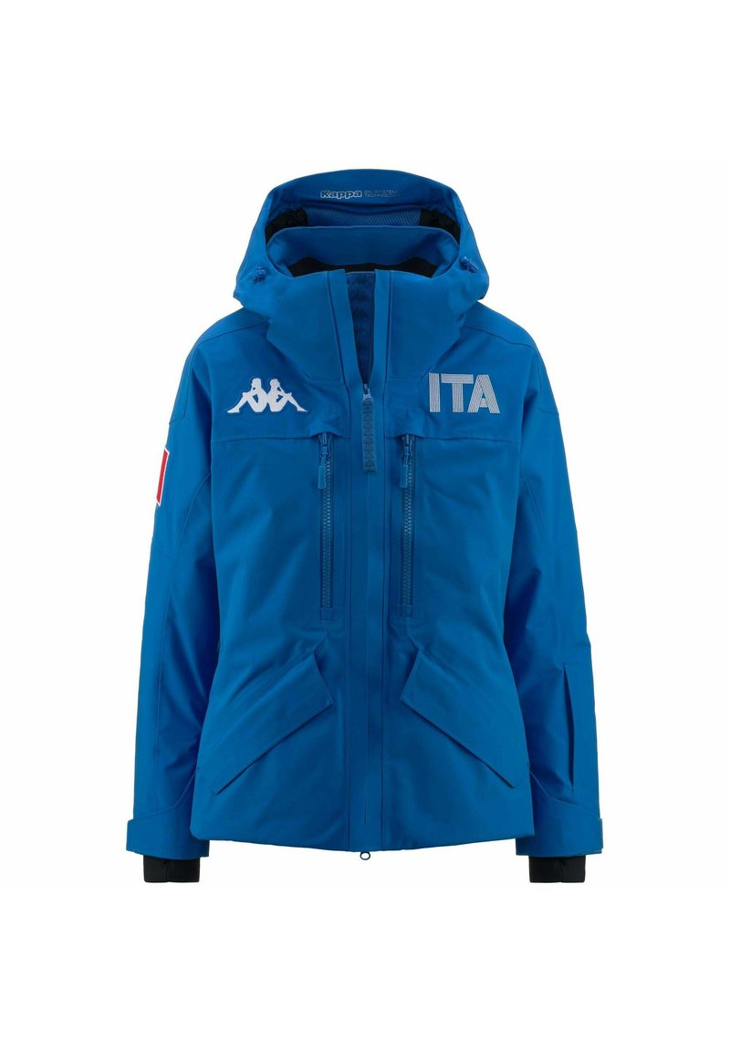 Giacca impermeabile blu con cappuccio, dotata di tasche con zip, logo "ITA" in evidenza e marchio Kappa. Tessuto testurizzato con polsini elasticizzati.