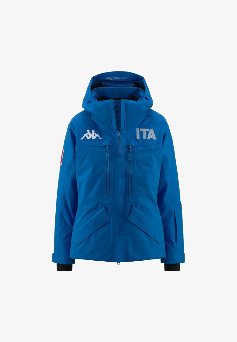 Giacca impermeabile blu con cappuccio, dotata di tasche con zip, logo "ITA" in evidenza e marchio Kappa. Tessuto testurizzato con polsini elasticizzati.
