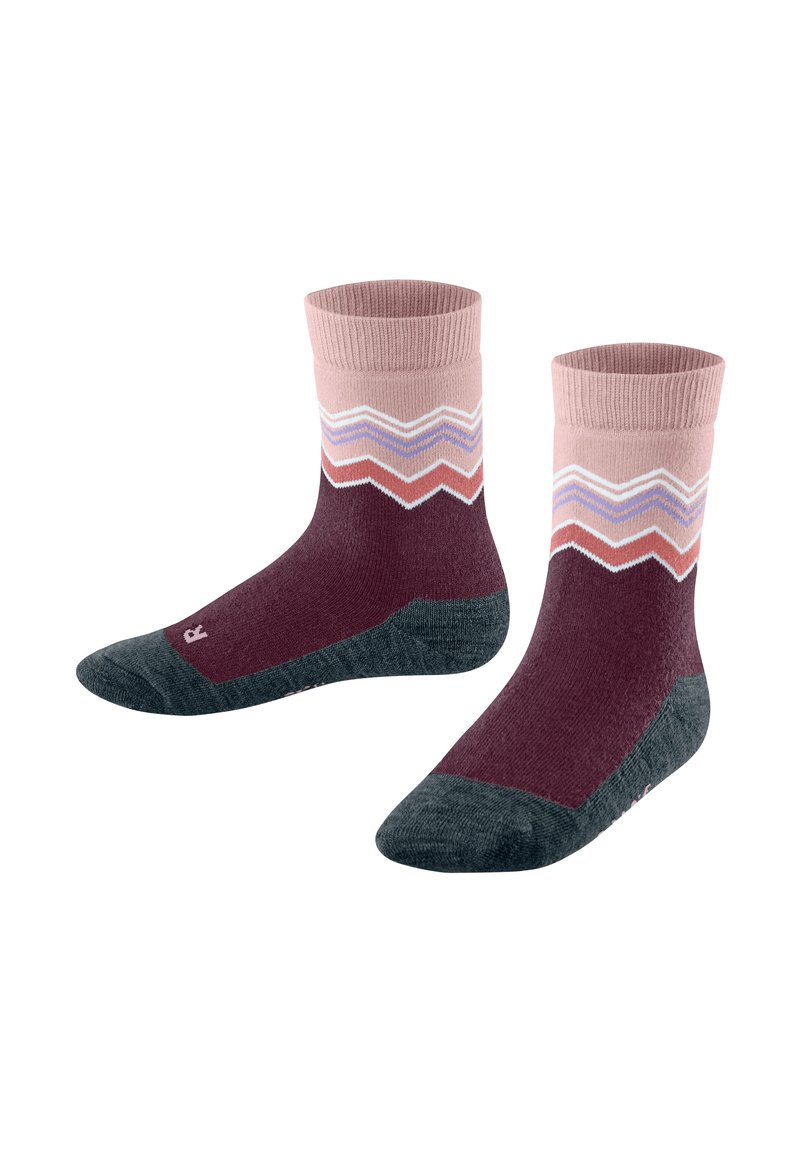 Kniestrümpfe in dunklem Maulbeerton und Rosa mit Zickzackmuster. Aus weichem Material gefertigt, mit einem gerippten Bündchen sowie verstärkter Zehen- und Fersenpartie.