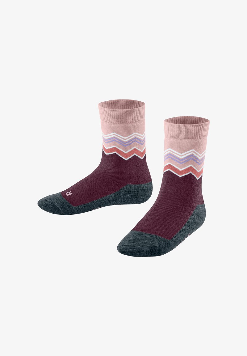 Kniestrümpfe in dunklem Maulbeerton und Rosa mit Zickzackmuster. Aus weichem Material gefertigt, mit einem gerippten Bündchen sowie verstärkter Zehen- und Fersenpartie.