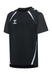 Camiseta atlética negra hecha de un tejido transpirable con mangas cortas, que presenta detalles en blanco en contraste y un logo en la parte frontal.