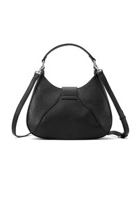 Borsa a spalla nera in pelle con forma curva, superficie strutturata, tracolla piatta e dettaglio di chiusura magnetica. Inclusa tracolla regolabile.