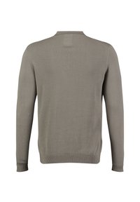 Gebreide trui met lange mouwen in gedempt taupegrijs, van de achterkant getoond met ribgebreide manchetten en zoom, zonder zichtbare patronen of logo's.