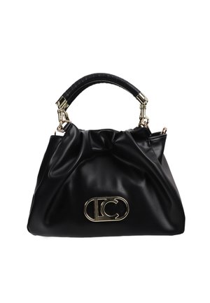 Borsa a tracolla nera in pelle con un design arricciato, caratterizzata da un logo e un manico curvo e testurizzato. Sono presenti dettagli in metallo dorato.