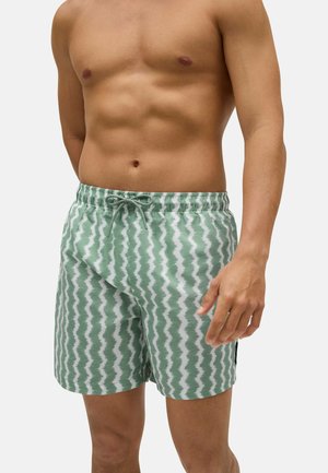 Bañador a rayas en zigzag verde y blanco con cintura elástica y cordón. Fabricado con tejido suave y ligero.