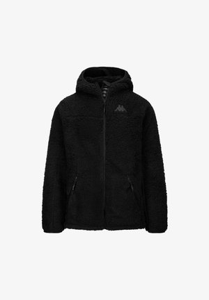 Giacca in fleece nera con cappuccio, dotata di un esterno testurizzato e peloso. Presenta tasche laterali con zip e un logo sul petto. Vestibilità corta e rilassata.