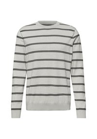 Ljusgrå långärmad tröja med horisontella svarta ränder, rund hals, samt ribbade ärmslut och nederkant, tillverkad av mjukt material.