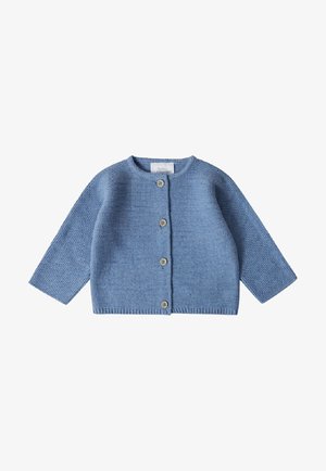 Cardigan per neonati lavorato a maglia di colore azzurro chiaro, con collo tondo, maniche lunghe e cinque bottoni in legno davanti. Motivo testurizzato su tutto il capo.