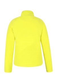 Sárga fleece dzseki magas gallérral és hosszú ujjal, sima textúrával és egyszerű dizájnnal, látható záróelemek vagy minták nélkül.