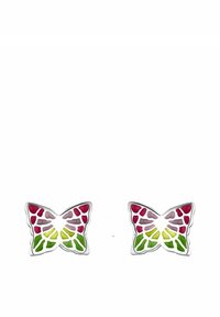 Un paio di orecchini a forma di farfalla con dettagli in smalto rosso, viola, giallo e verde su base in metallo color argento.