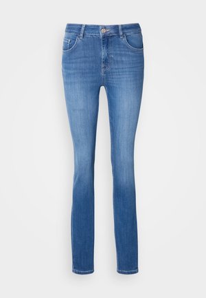 Blue denim jeans with a slim fit, five pockets, and a subtle faded pattern. Made from soft, stretchy fabric, featuring a standard button closure.