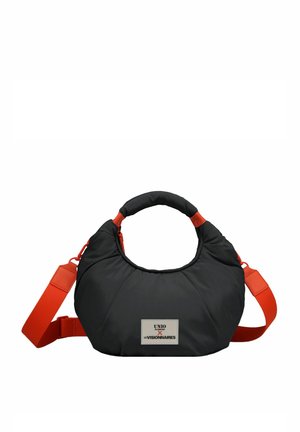Padded black handbag with a rounded shape, featuring a short handle and an adjustable orange strap. Includes a logo patch on the front.
