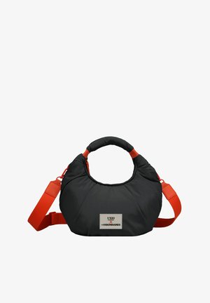 Padded black handbag with a rounded shape, featuring a short handle and an adjustable orange strap. Includes a logo patch on the front.