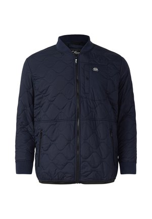 Granatowa pikowana kurtka z przednim zamkiem błyskawicznym, prążkowanym kołnierzem i mankietami, dwoma kieszeniami bocznymi na zamek oraz małą kieszenią na piersi z naszywką z logo.