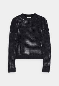 Schwarzer, gestrickter Pullover mit offenem, netzartigem Muster, langen Ärmeln und rundem Ausschnitt. Verfügt über einen gerippten Saum und Bündchen.