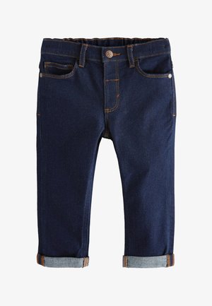 Dunkelblaue aufgerollte Jeans aus Denim für Kleinkinder mit Fronttaschen und Knopfverschluss.