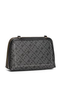 Pungă rectangulară modelată în negru și gri, cu cusături albe, fermoar auriu și două capete de fermoar negre, pe un fundal alb.