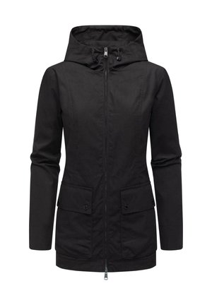 Zwarte waterdichte jas met een aansluitende capuchon, een ritssluiting aan de voorkant, twee drukknoopzakken en een gestructureerde stof. Voorzien van verstelbare trekkoorden.