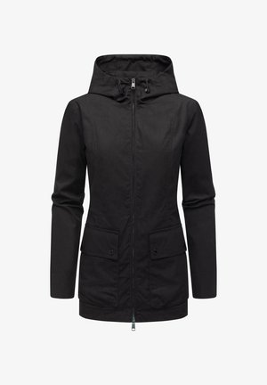 Mustavedeellinen takki, jossa on istuva huppu, etujakopuku, kaksi napilla suljettavaa taskua ja teksturoitu kangas. Varustettu säädettävillä naruilla.