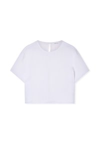 T-shirt bianco a maniche corte e scollatura rotonda, con un piccolo spiraglio sul retro. Tessuto liscio e leggermente texturizzato.