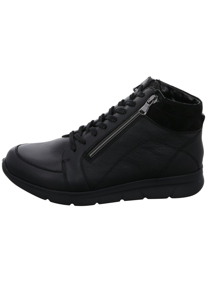 Zwarte leren enkelboots met een vetersluiting aan de voorkant, een rits aan de zijkant en een gladde textuur, voorzien van zachte stofaccenten op de kraag.