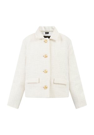 Weißes Tweed-Jacket mit Kragen, vier goldenen Knöpfen und zwei Fronttaschen. Der Stoff hat ein strukturiertes Muster und ein kurzes Design.