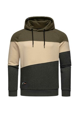 Hoodie w kolorze oliwkowym, beżowym i ciemnoszarym. Posiada kolorowy wzór blokowy, regulowane sznurki oraz naszywkę z logo z przodu.