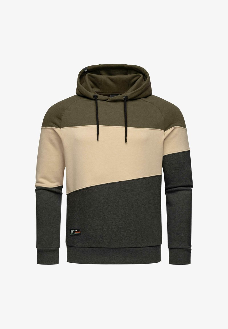Hoodie in olivgrün, beige und dunkelgrau. Mit einem Farbblockdesign, verstellbaren Kordeln und einem Logo-Patch auf der Vorderseite.