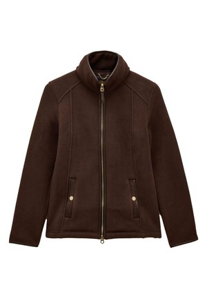 Veste polaire marron avec fermeture éclair dorée intégrale, col montant et deux poches avant à boutons-pression, posée à plat.
