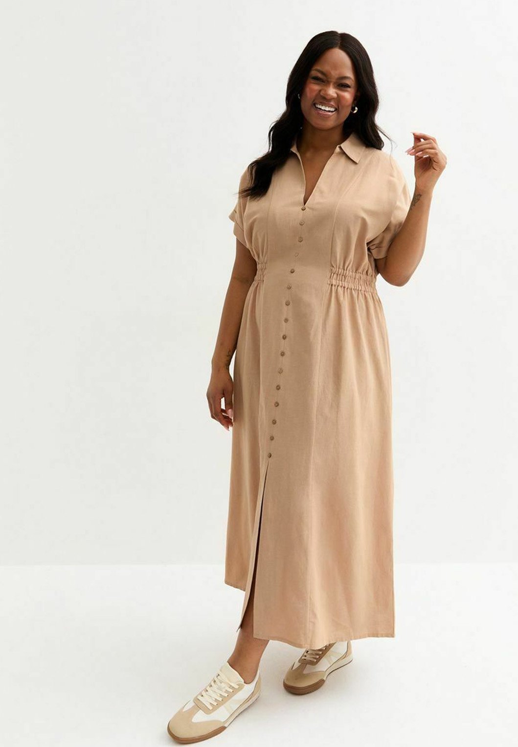 New Look Curves CURVES SHIRRED WAIST MIDI - Shirt dress - stone - Zalando