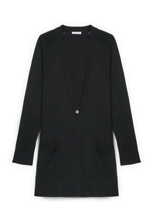 Cardigan lungo nero in morbido tessuto a maglia, con profondo scollo a V, chiusura con un solo bottone, due tasche frontali e polsini a coste.