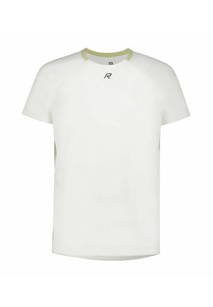 Wit sportief T-shirt met korte mouwen, voorzien van een klein zwart logo op de borst en lichtgekleurde bies rondom de halslijn.