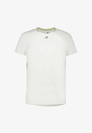 Valkoinen lyhythihainen urheilupaita, jossa pieni musta logo rinnassa ja vaalea reunus pääntiessä.