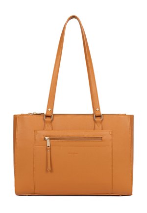 Sac fourre-tout en cuir fauve avec deux longues anses, poche avant zippée et couture minimaliste, adapté à un usage quotidien.